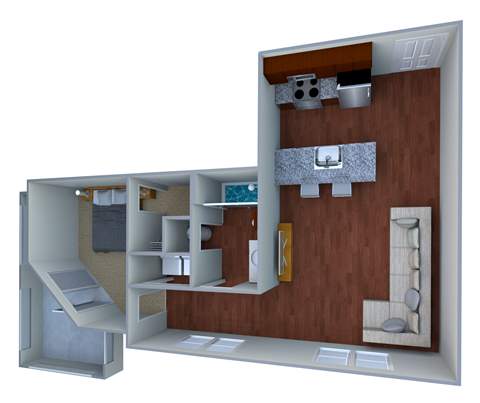 Floor plan for 1 bed, 1 bath, 661 sqft